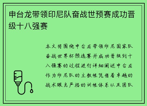 申台龙带领印尼队奋战世预赛成功晋级十八强赛 申台龙带领印尼队奋战世预赛成功晋级十八强赛