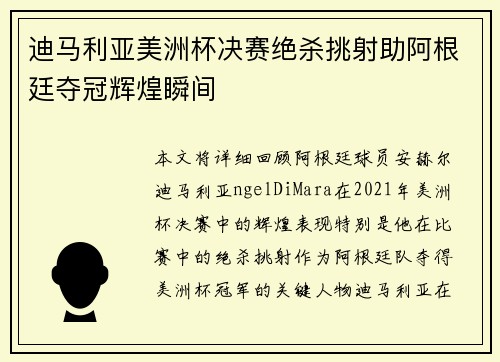 迪马利亚美洲杯决赛绝杀挑射助阿根廷夺冠辉煌瞬间